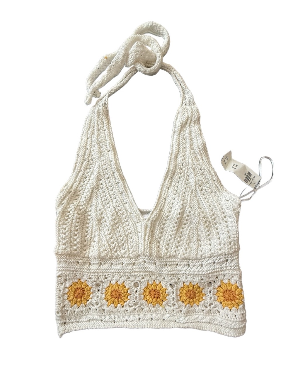 Crochet Halter Tank Top with Yellow Floral Accents